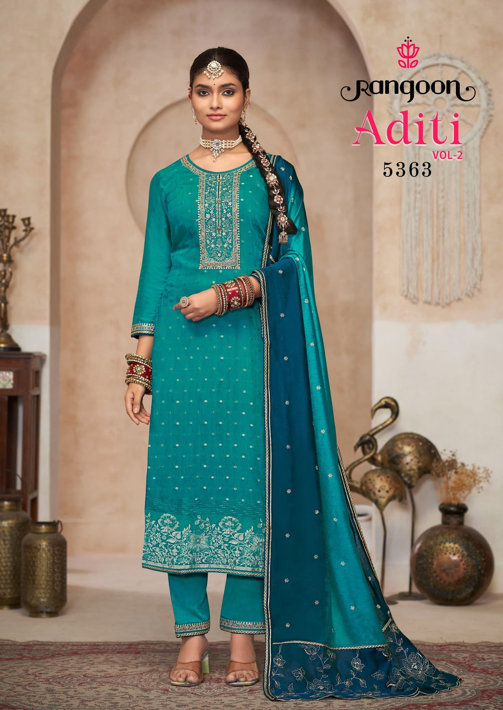 Aditi Vol 2 By Rangoon Viscose Jacquard Embroidery Readymade Suits Wholesale Price In Surat